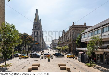 Guadalajara, Jalisco, Mexico - November 23, 2019: The View Down Fray Antonio Alcalde Avenue, With Th