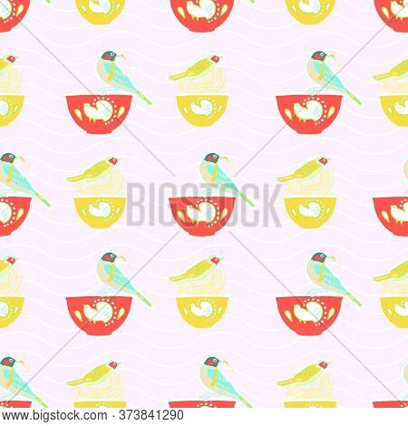 Vector Geometric Vintage Kitchen Utensil Stripe Pattern, Cute Birds And Bowl, Trendy Design On Pink 