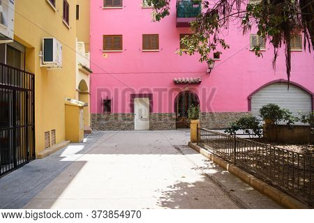 Bright Colorful Courtyard Of The Port Saplaya In The City Of Valencia, Spain. Concept Travel And Tou