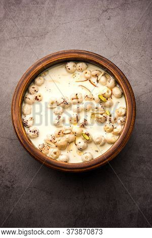 Sweet Roasted Makhana Kheer Is An Indian Dessert Recipe, Served In A Bowl Garnished With Dry Fruits