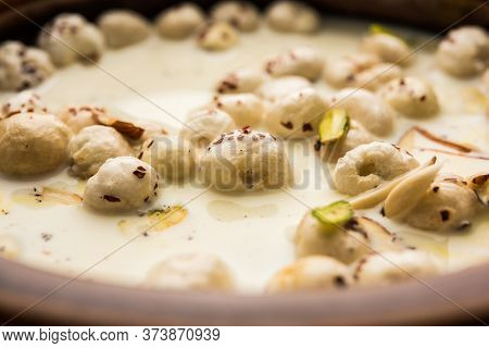 Sweet Roasted Makhana Kheer Is An Indian Dessert Recipe, Served In A Bowl Garnished With Dry Fruits