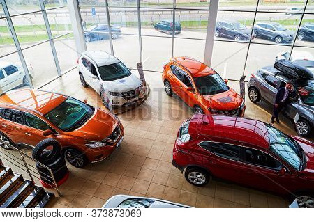Kirov, Russia - May 07, 2019: Cars In Showroom Of Dealership Nissan In Kirov. Top View