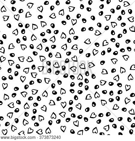 Black Dots And Hearts Texture Background In Doodle Style. Sketchy Hand Drawn Points Seamless Pattern