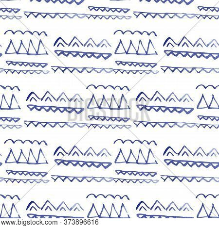 Vector Seamless Pattern Ethnic Indigo Watercolor With Blue Trinagles, Chevrons And White Background.