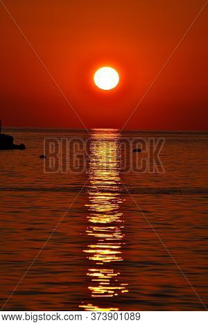 Summer Sunset Over Calm Adriatic Sea, Rovinj Town, Croatia