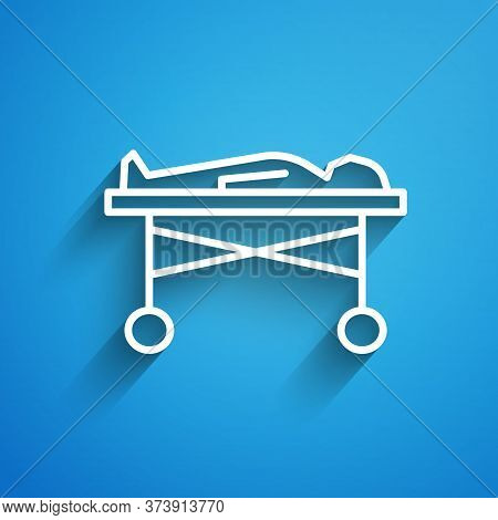 White Line Dead Body In The Morgue Icon Isolated On Blue Background. Long Shadow. Vector