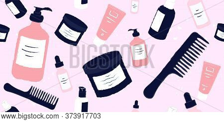 Women Hygiene And Self Care Seamless Pattern. Cosmetic Shop Or Beauty Salon Repetitive Background. O
