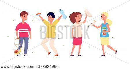 Eco Friendly Children. Happy Kids With Textile Bags, Reusable Containers For Food And Bottles For Wa