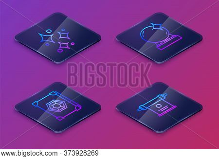 Set Isometric Line Sparkle Stars With Magical Glitter, Ancient Magic Book, Magic Ball And Magic Scro