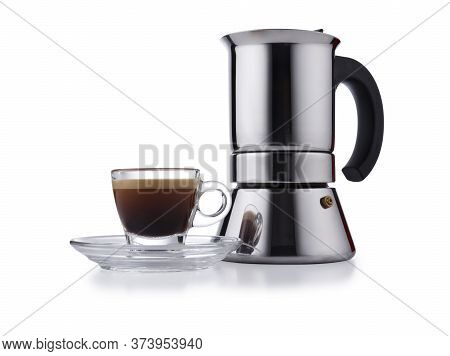 Modern Style Expresso Coffee Pot, And Glass Expresso Cup And Saucer Full Of Smooth Expresso Coffee, 