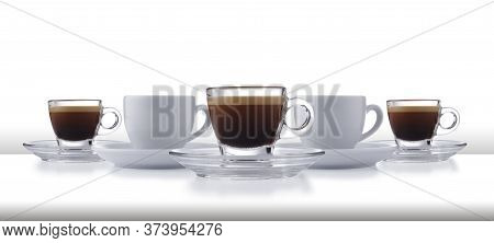 A Dynamic Row Of Glass And White Expresso Cups And Saucers Full Of Smooth Expresso Coffee, On A Whit