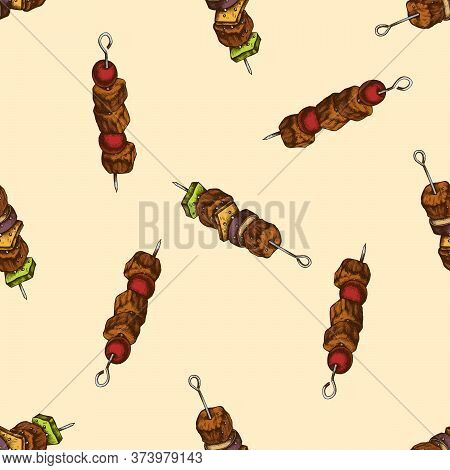 Seamless Pattern With Hand Drawn Colored Kebab Stock Illustration