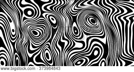 Optical Illusion Wide Banner, Background With Distorted Lines, Black And White Poster. Op Illusion C