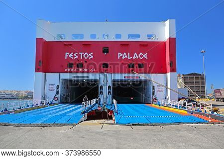 Piraeus, Greece - May 04, 2015: Minoan Lines High Speed Ferry Festos Palace Moored At Port In Piraeu