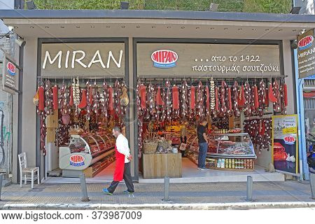 Athens, Greece - May 04, 2015: Miran Deli And Meat Butcher Shop Near Central Market In Athens, Greec