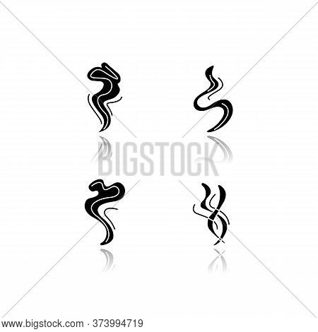 Odor Drop Shadow Black Glyph Icons Set. Good Smell. Fluid, Nice Perfume Scent. Aromatic Fragrance Fl