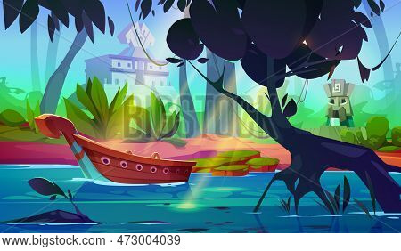 River In Tropical Forest With Boat And Ancient Temple Vector Background. Shore Near Jungle Water In 