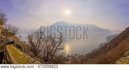 Moltrasio, Italy - February 18, 2023: View Of Lake Como, On A Foggy Winter Day. Lombardy, Northern I