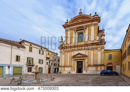 Mantua, Italy - February 27, 2023: View Of The Church Of St. Barnabas (chiesa Di San Barnaba Apostol