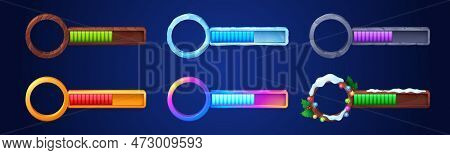 Vector Game Life Progress Bar. Cartoon Ui Avatar Frame With Health And Score Graph On Dark Backgroun