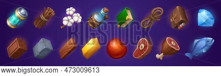 Vector Cartoon Game Icon Set With Stone And Food. Ui Interface Award Design With 2d Treasure Element