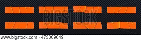 Realistic Orange Paper Duct Tape Vector Strip Set. 3d Ripped Adhesive Sticker Texture Collection On 
