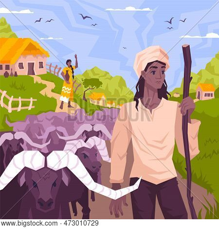 Mowgli Coloring Page Flat Composition With Exotic Village Scenery With Character Of Cattleman With H