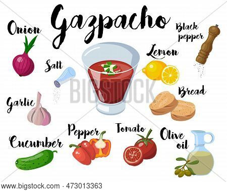 A Kitchen Poster With A Recipe For Making Gazpacho. Vector Isolated On A White Background
