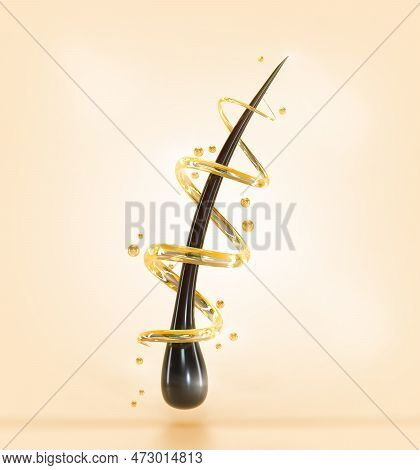 Hair Care 3d Render, Repair And Treatment Follicle With Liquid Keratin Spiral, Golden Oil Bubbles, S