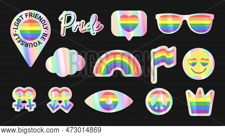 Set Of Holographic Stickers For Pride Month. Holographic Sticker Pack. Concept Of Diversity. Retro 3