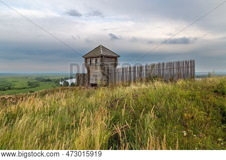 Ancient Wooden Fortress On A Background Of River Spaces. Russia, Tatarstan, Ancient Bulgar Fortress 