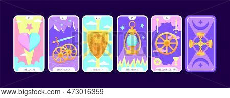 Tarot Cards Flat Deck Cartoon. Taro Card Major Arcanas Include Of Lovers, Chariot, Strength, Hermit,