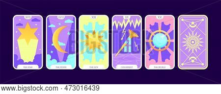 Tarot Cards Flat Deck Cartoon. Taro Card Major Arcanas Include Of Star, Moon, Sun, Judgement And Wor