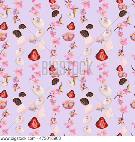 Watercolor Seamless Pattern With Hand Drawn Traditional Japanese Sweets. Wagashi, Mochi, Sakura Blos