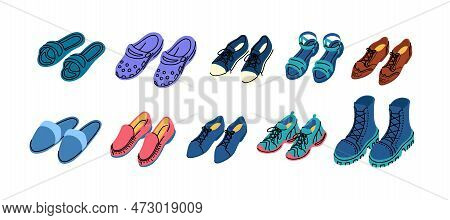 Vector Man Shoes Set. Collection Of Shoe Wear Pairs Of Flip Flops, Sneakers, Boots, Sandals And Croc