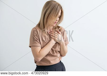 The Photo Of Heart Is On The Womans Body, Severe Heartache, Having Heart Attack Or Painful Cramps, P