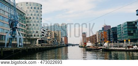 Cityscape Of Sandtorhafen Canal, Hamburg Speicherstadt And Hafencity