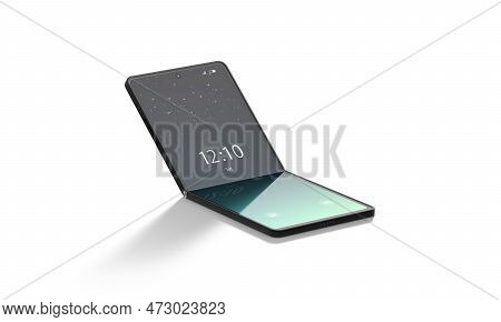 Blank Turned On Flexible Chamshell Phone Display Half Folded Mockup, 3d Rendering. Empty Arched Touc