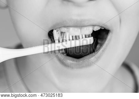 Kid Boy Brushing Teeth. Boy Toothbrush White Toothpaste. Health Care, Dental Hygiene. Black And Whit