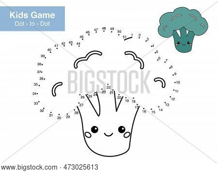 Number Game. Dot To Dot. Cute Kawaii Broccoli. Healthy Food. Cartoon Vegetable. Educational Puzzle. 