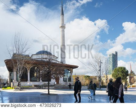 Tirana, Albania. March 2023.  Exterior View Of The Et'hem Bej Mosque In Skenderbej Square In The Cit