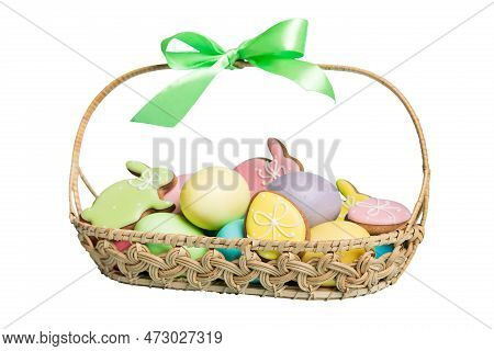 Colorful Easter Cookies In Basket With Multi Colors Easter Eggs Isolated On White Background. Pastel