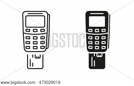 Payment Terminal With Inserted Credit Card Line And Silhouette Icon Set. Bank Service Financial Tran