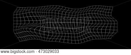 Distorted Whiye Horizontal Grid On Black Background. Warped Mesh Texture. Curvatured Net. Checkered 