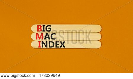 Bmi Big Mac Index Symbol. Concept Words Bmi Big Mac Index On Wooden Stick On A Beautiful Orange Tabl