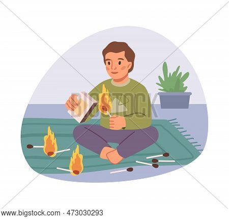 Boy Child Playing With Matches, Kid Dangerous Behavior At Home Unwatched By Parents. Kiddo Causing F