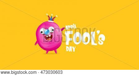 April Fools Day Funky Horizontal Banner With Silly Pink Clown Monster Character Isolated On Orange B