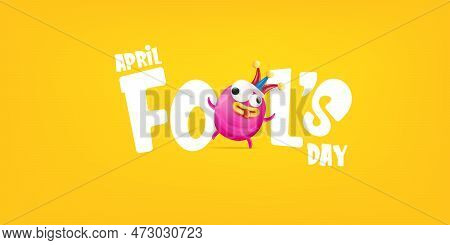 April Fools Day Funky Horizontal Banner With Silly Pink Clown Monster Character Isolated On Orange B