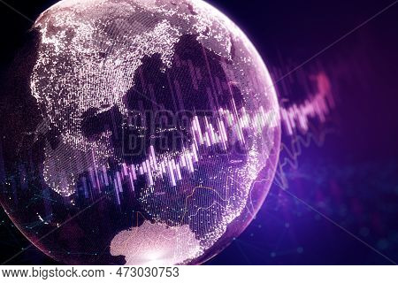 Abstract Purple Globe With Forex Chart On Blurry Background. Finance Statistics And Data Analytics. 
