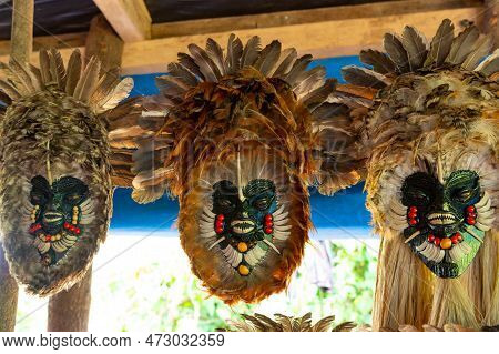 Aztec Mask Souvenir. Aztec Mask From Feather. Aztec Mask For Carnival. Aztec Mask Tribal